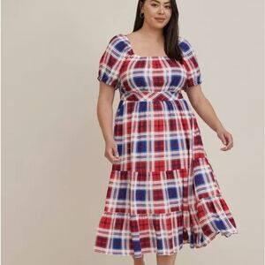 Puff Sleeve Tiered Maxi Dress - Challis Plaid Red & Blue-Torrid Size 0